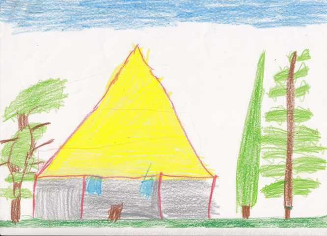 Un bambino, in un disegno, rappresenta una casetta al centro con ai lati tre alberi e un cielo mezzo azzurro e mezzo lasciato incolore